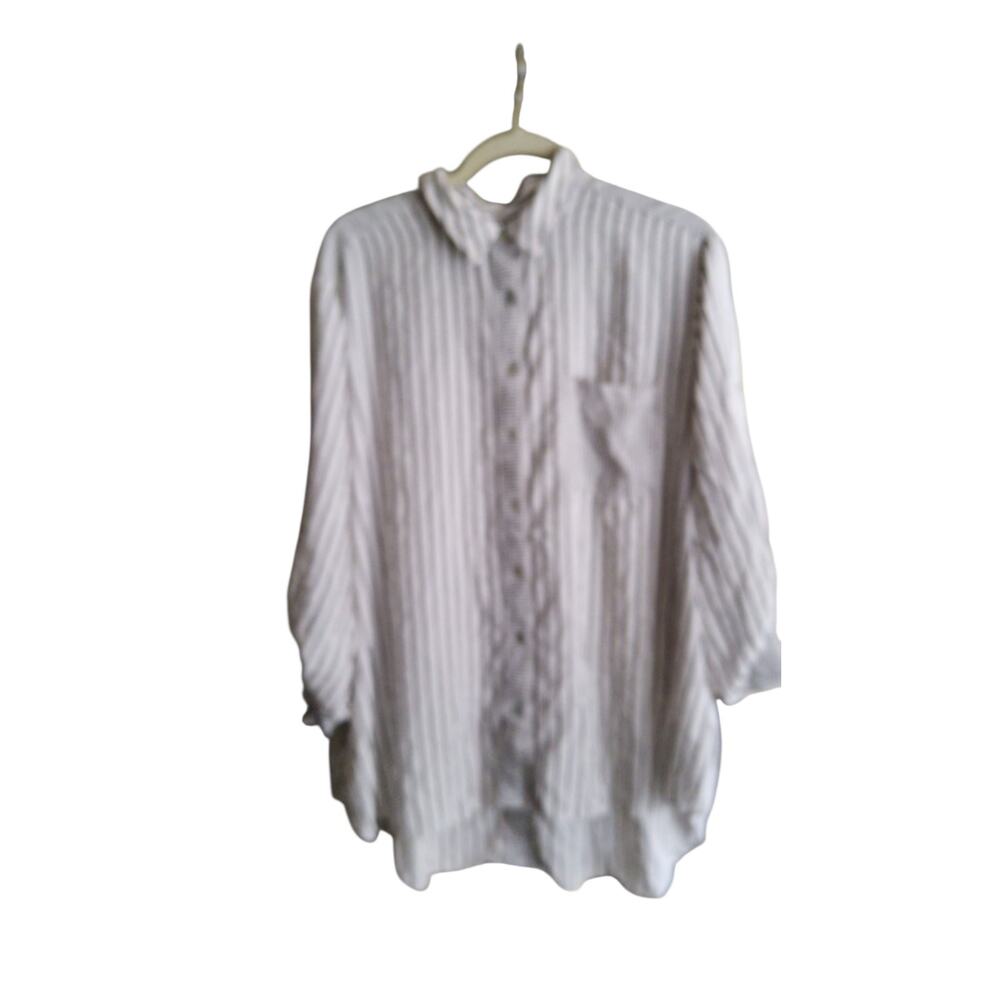 Women Top Plus 2X Jane + Delancey Striped Front Button Summer Beach Boyfriend‎